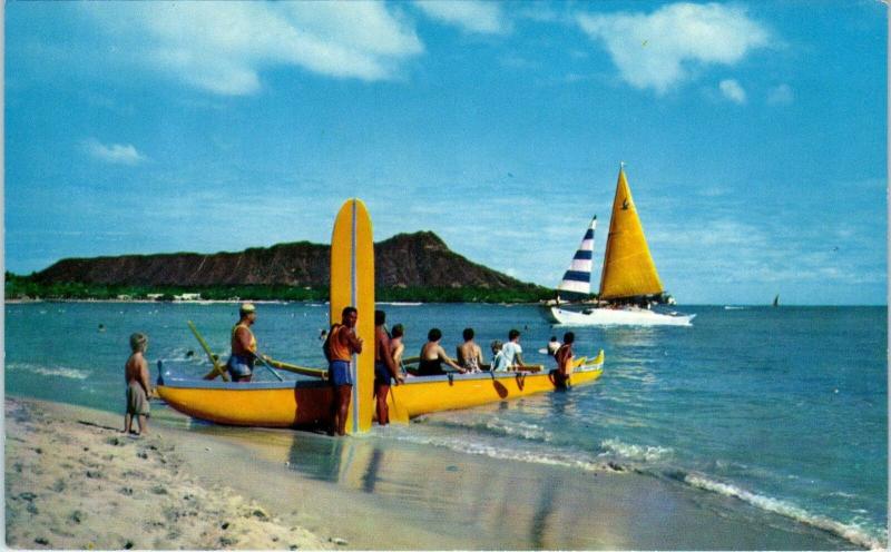 WAIKIKI, HI Hawaii   Beach Scene OUTRIGGER, SURF BOARD, BOAT  c1950s    Postcard