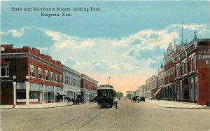 Vintage Postcard Sixth & Merchants Street Scene East, Emporia KS w/ Trolley