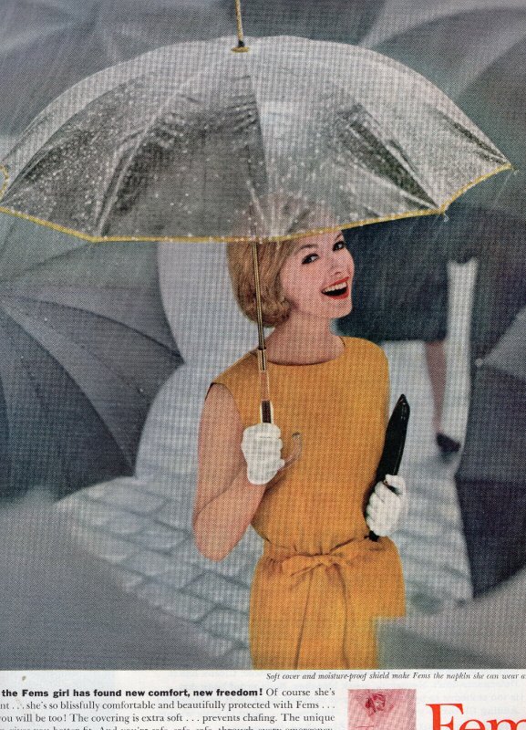 1961 Ladies Home Journal Fems Vintage Print Ad Girl Yellow Dress Clear  Umbrella | Ephemera - Other / Unsorted, Postcard / HipPostcard