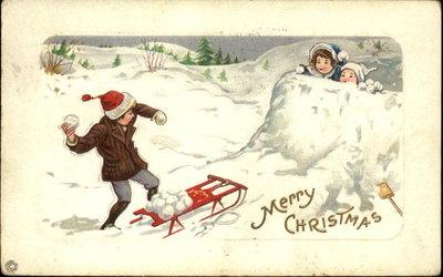 Christmas Children Snow Fight Sled Fort Embossed Greeting...