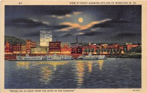 Wheeling West Virginia 1940s Postcard Night View Skyline Steamboats Ohio River