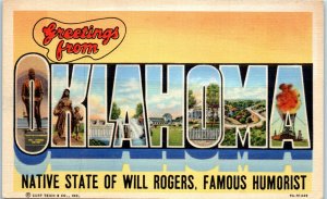 1939 Large Letter Greetings from Oklahoma Home of Will Rogers Postcard