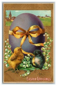 Vintage 1910's Easter Postcard Cute Chicks with Giant Purple Egg White Flowers
