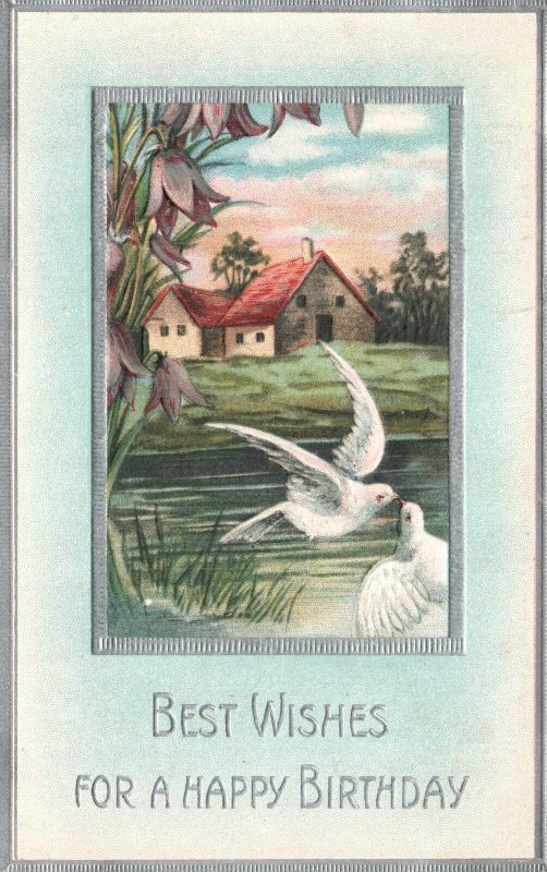 Vintage Postcard 1912 Best Wishes Happy Birthday White Doves Landscape Card