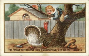 Thanksgiving - Little Boy Chased up Tree by Turkey c1910 Embossed Postcard