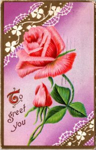 Valentines Day Vintage Postcard 1912 Pink Rose Heart TO GREET YOU PC Postmarked
