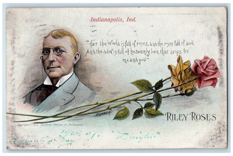 1907 James Whitcomb Riley Poem Riley Roses Indianapolis Indiana IN Postcard