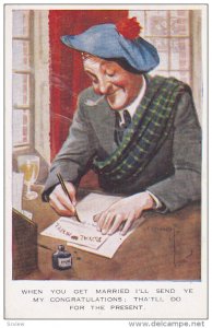 Scottish man wearing blue beret and tartan scarf, writing a letter, 00-10s