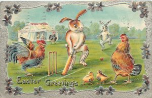 Embossed Easter Postcard Rabbits and Chickens Play Cricket 2141