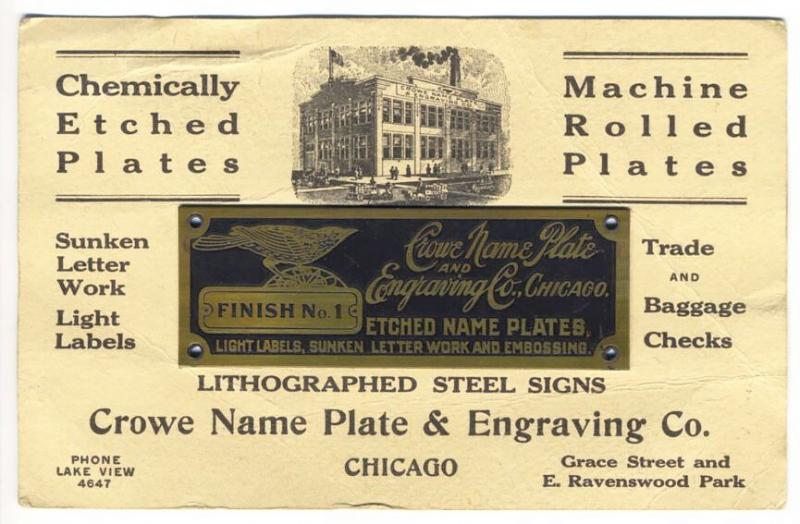 Chicago IL Crowe Name Plate & Engraving Etched Plate Advertising Postcard