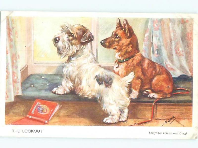 Pre-Linen signed PAIR OF CUTE DOGS AT THE WINDOW AC5370