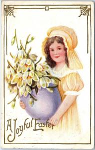 EASTER   GREETING   GIRL with Giant EGG, FLOWERS   1911  Embossed   Postcard