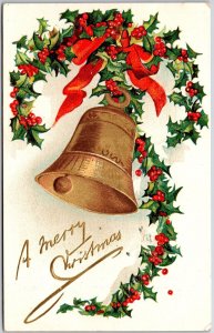 A Merry Christmas Holy Leaf Cherry Bell Greetings Postcard