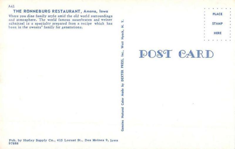 Amana Iowa Ronneburg Restaurant Street View Vintage Postcard K103928