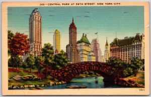 New York City NY, 1947 Central Park at 59th Street View, Stone Bridge, Postcard