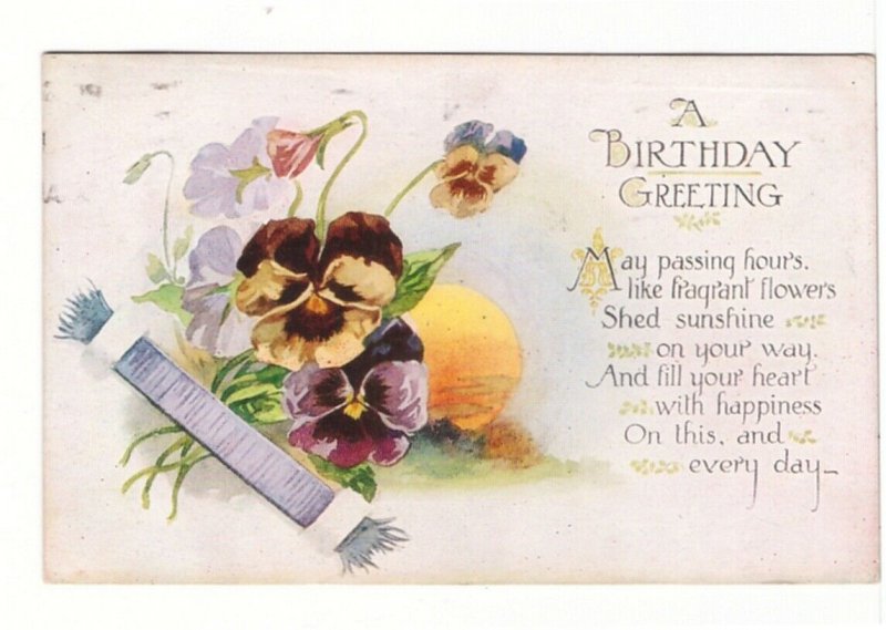 A Birthday Greeting, 2 Line Stanza, Pansies, Antique 1919 Postcard