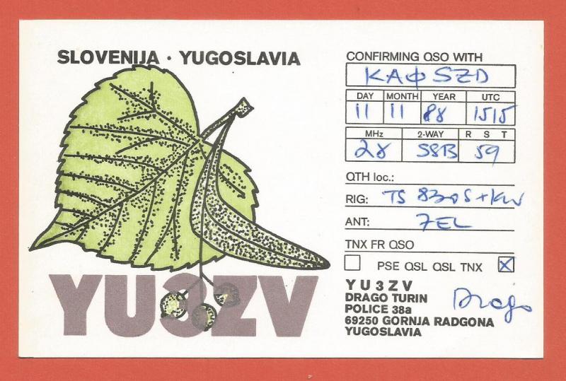 QSL AMATEUR RADIO CARD – RADGONA, SLOVENIA, YUGOSLAVIA – 1988