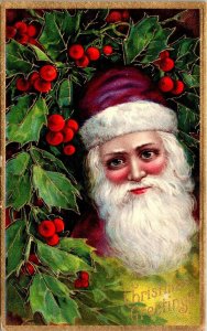 Purple Suit Santa Holly Berries Christmas gold embossed gel Postcard DB