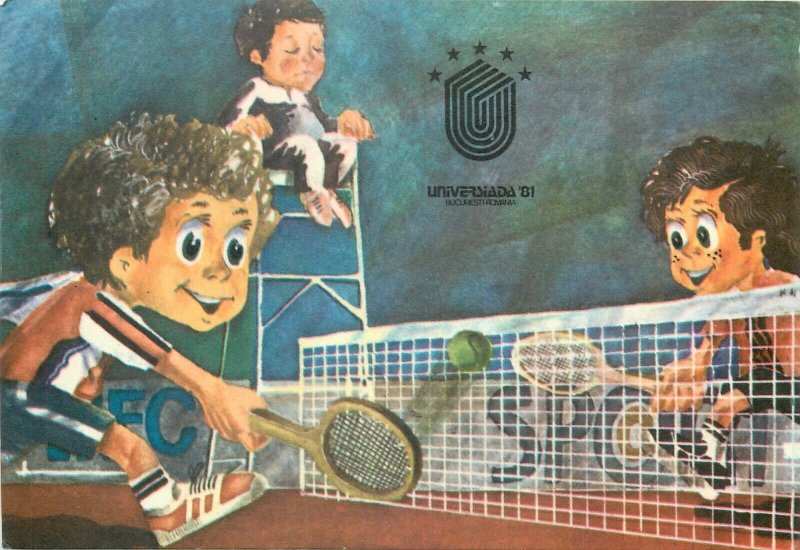 Romania Bucuresti Universiada 1981 comic tennis caricature postcard