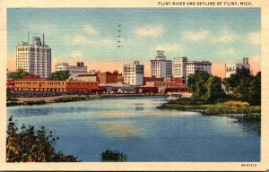 Michigan Flint Skyline and Flint River 1951 Curteich