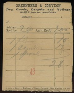 c1025 CHICAGO IL GREENBERG & CORYDON DRY GOODS CARPETS NOTIONS INVOICE 35-28