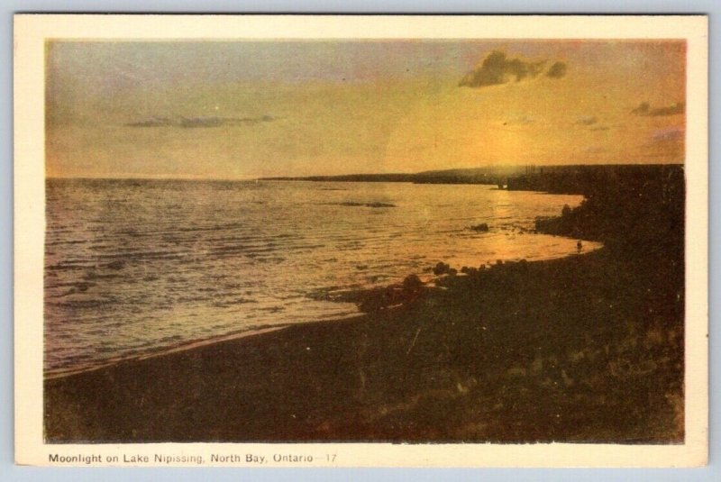 Moonlight On Lake Nipissing, North Bay, Ontario, Vintage PECO Postcard