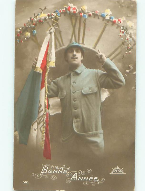 tinted rppc c1910 SOLDIER WITH FLAG OF FRANCE AC9036