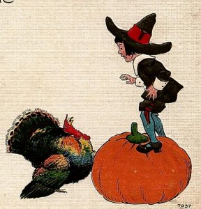 1912 JOYFUL THANKSGIVING TURKEY PUMPKIN PILGRIM CHILD POSTCARD 34-91