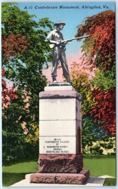 ABINGDON, Virginia  VA    CONFEDERATE MONUMENT  ca 1940s Linen   Postcard