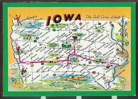 Greetings From IA Map Postcard BIN 