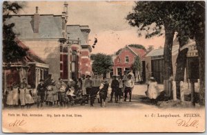 Stiens Netherlands, 1931 Langebuurt Street Scene, Children & Goat Cart, Postcard