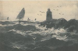 Seascape art vintage postcard lighthouse lsailing vesselsl seagulls