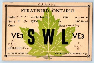 Stratford Ontario Canada Postcard Ham Radio VE3SWL 1936 Posted Vintage