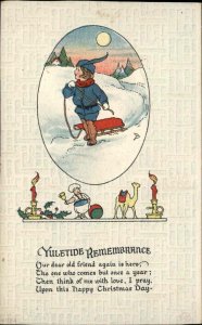 Christmas Chef Doll Camel Doll Cute Kids Little Boy with Sled Vintage Postcard