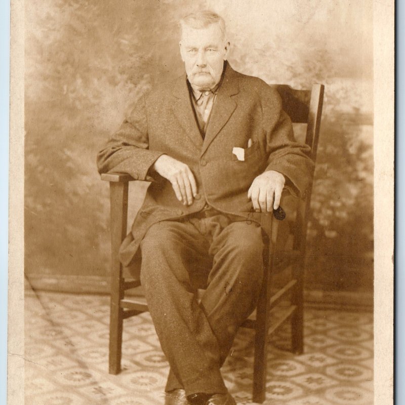 c1920s Mid Age Man Inside Portrait RPPC Mustache Classy Suit Crossed Legs A254