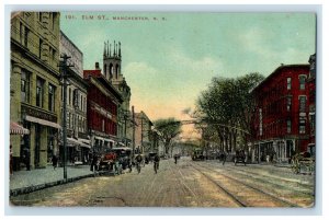 1910 Elm Street View Trolley Cars Manchester New Hampshire NH Antique Postcard