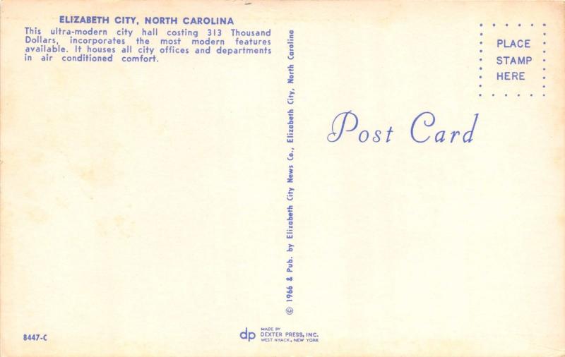 ELIZABETH CITY NORTH CAROLINA CITY HALL~COST $313K~AIR CONDITIONED POSTCARD 1966