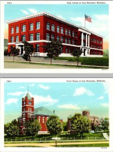 2~Postcards Iron Mountain, MI Michigan  HIGH SCHOOL & COURT HOUSE ca1940's Linen