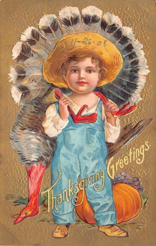 CHILD TURKEY GRAPES PUMPKIN THANKSGIVING HOLIDAY EMBOSSED POSTCARD (c. 1910)