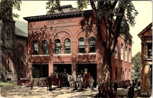 Skowhegan, ME Maine FIRE DEPARMENT/STATION Horse & Wagons/Firemen 1912 Postcard