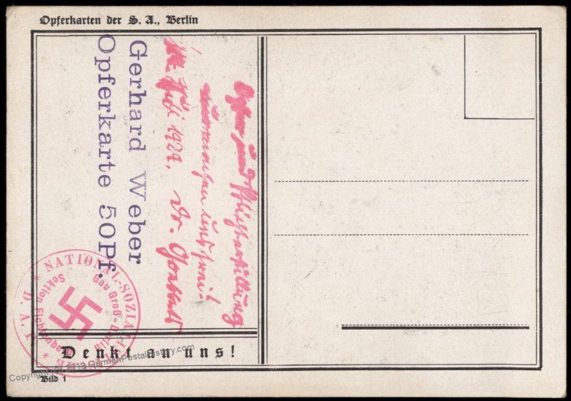 3rd Reich 1928 SA Berlin Mjoelnir Forward over the Graves Propaganda Card 94672