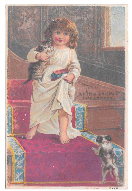 Victorian Trade Card Hunters Invisible Medicated Face Powder Puppy Girl Kitten