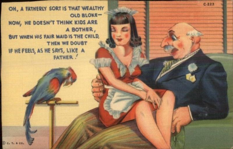 Sexy Made on Bosses Lap & Parrot Curt Teich C-223 Linen Comic Postcard