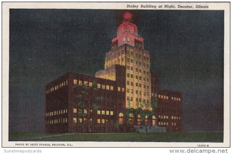 Illinois Decatur Staley Building At Night Curteich