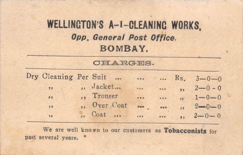 India Bombay  Fee Card for Wellington A-1 Cleaning Works also Tobacconists