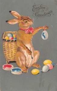 Easter Greetings, Rabbit Paints Easter Eggs, Embossed, Vintage Postcard U17936