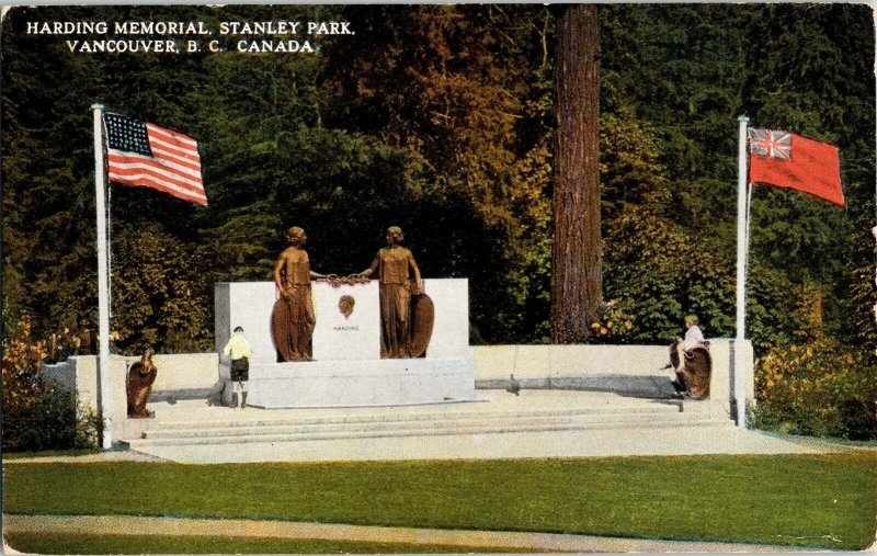 Harding Memorial Stanley Park Vancouver British Columbia BC Canada Postcard Flag 