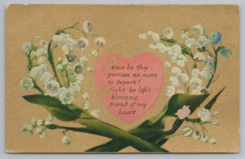 Greetings~Lily of Valley Peace Be Thy Portion Poem~Vintage Postcard 