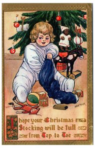 1911 I Hope Your Christmas Stocking will be Full Baby Gold Border Postcard