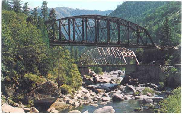 Tobin Bridges, Railroad & Highway in Feather River Canyon California, Chrome